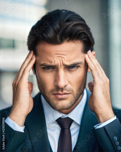 Obraz na płótnie Handsome man having bad headache, holding his head, sitting in living room, people background, felling unwell
w salonie