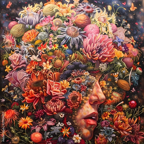 Bloom of Being: A vibrant and intricate oil painting depicts a woman's face enveloped in a cascading deluge of colorful flowers and cosmic elements.