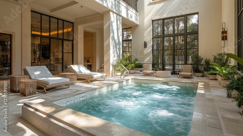 Modern backyard oasis with swimming pool surrounded by lush greenery and invi...