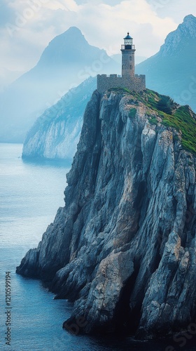 Lighthouse on a rocky island surrounded by turquoise waters and majestic moun...