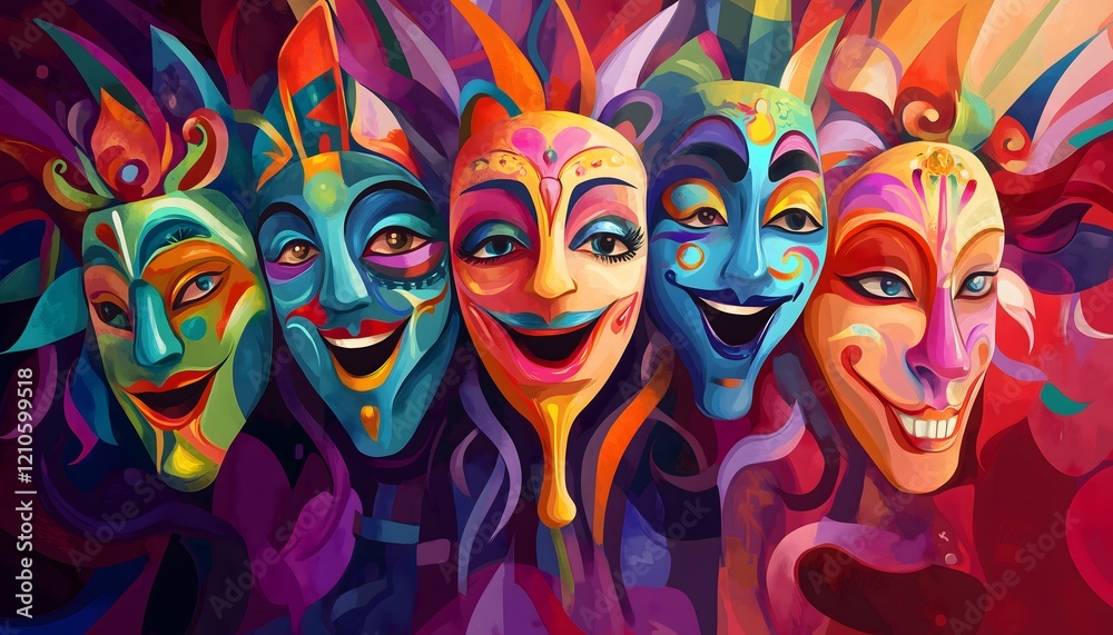 Fototapeta premium An abstract illustration of five multicolored drama masks lined up