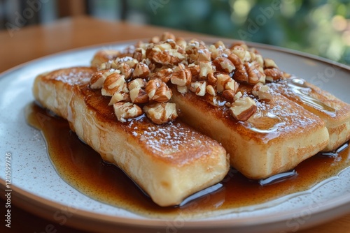 Delicious sweet potato pancakes topped with nuts and syrup on a rustic plate