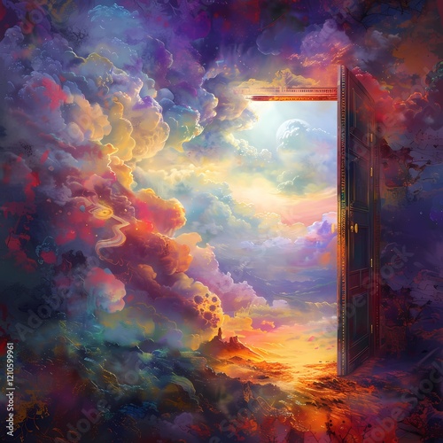 Open Door to a Dreamland: A surreal digital painting depicting an open door leading to a breathtaking dreamscape filled with vibrant clouds, celestial bodies, and a mysterious landscape.