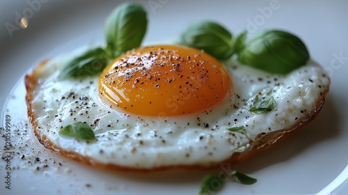 Perfectly cooked fried egg with a golden yolk served on a neutral plate