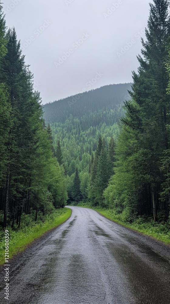 Serpentine road cuts through lush green forest landscape under natural light Serpentine road cuts through lush green forest landscape under natural light