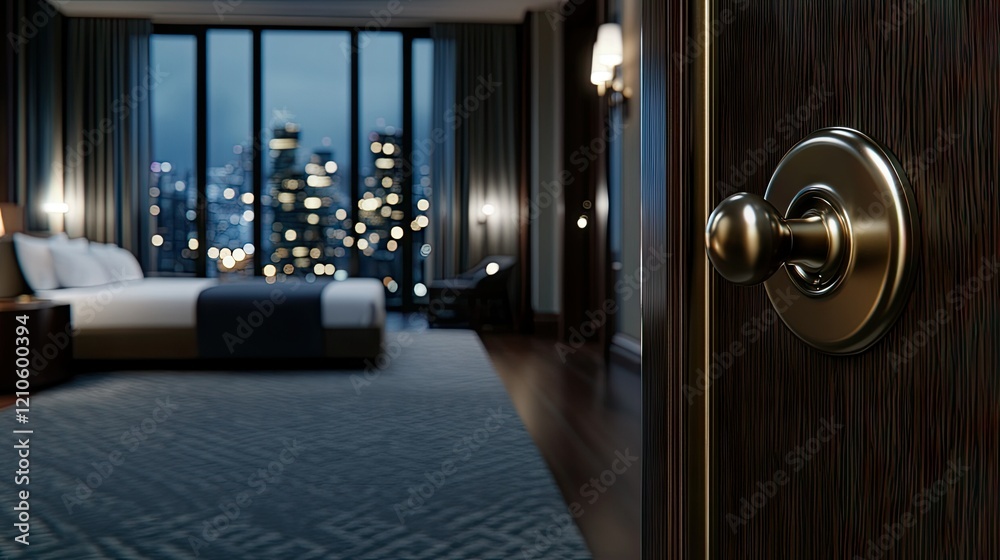 Obraz premium Experience an elegant hotel room that showcases a breathtaking city view at night, complete with a stylish door handle and contemporary decor that enhances the ambiance