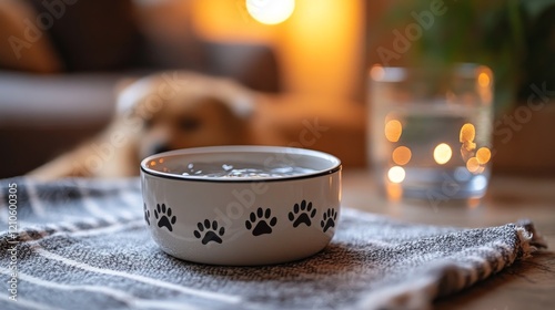Unique ceramic bowl with paw print designs on wooden table in a cozy indoor s...