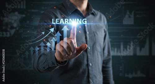 Businessman pointing at virtual skill growth arrow symbolizing learning and professional development with digital technology photo