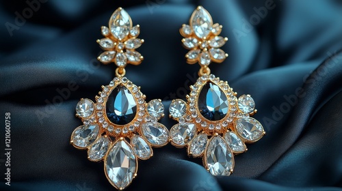 Intricate silver earrings adorned with blue and clear gemstones displayed on ...