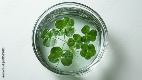 Fresh green clovers placed in a glass bowl filled with water for display and ...