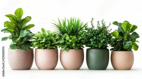 Decorative potted plants arranged in a row on a neutral background