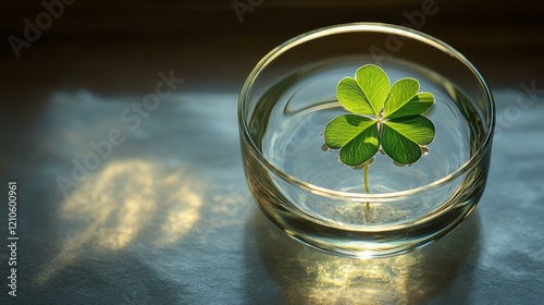 Fresh green clovers placed in a glass bowl filled with water for display and ...