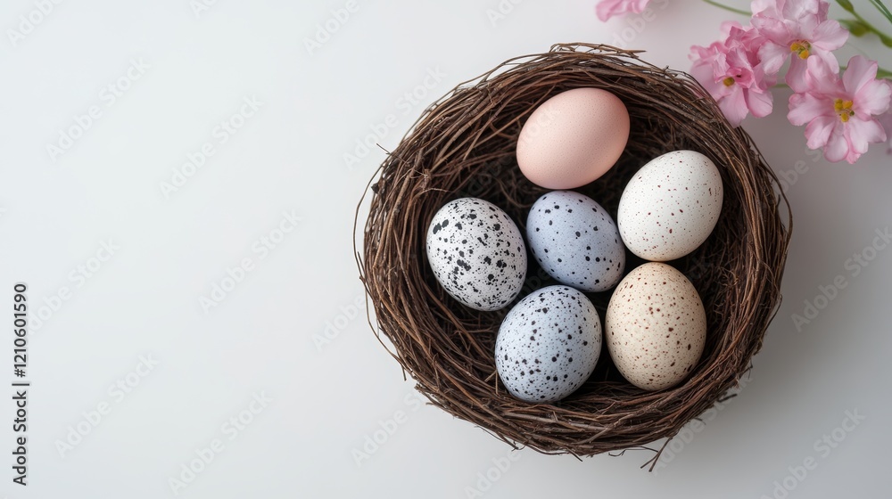 Elegant Blue Easter Eggs in a Nest with Pink Blossoms on a Pastel Background 3 Elegant Blue Easter Eggs in a Nest with Pink Blossoms on a Pastel Background 3