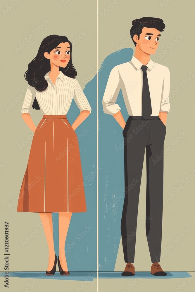 Cartoon style illustration of a man and woman in modern business attire having a conversation. They are dressed in vintage inspired clothing with pops of color against a simple background. Cartoon style illustration of a man and woman in modern business attire having a conversation. They are dressed in vintage inspired clothing with pops of color against a simple background.