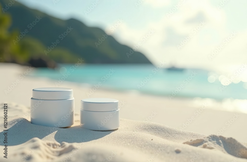 Mockup of white jars without labels of different shapes and sizes against the background of the sand of the Maldives. Mockup for manufacturers and sellers of skin care cosmetics Mockup of white jars without labels of different shapes and sizes against the background of the sand of the Maldives. Mockup for manufacturers and sellers of skin care cosmetics