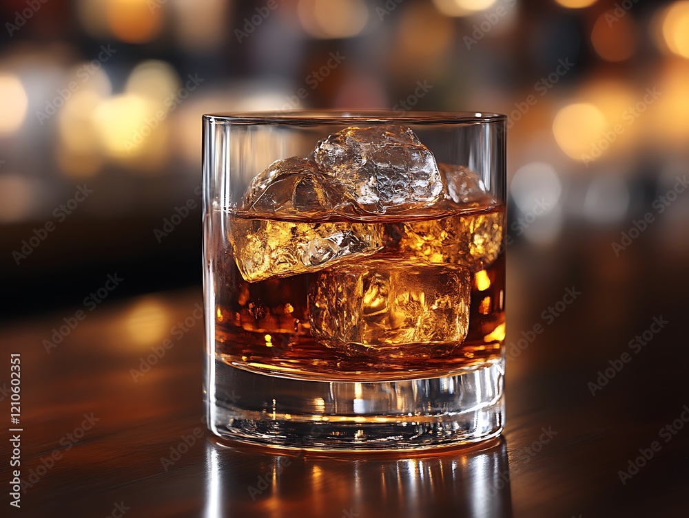 Whiskey on the rocks in a glass at a bar. Whiskey on the rocks in a glass at a bar.