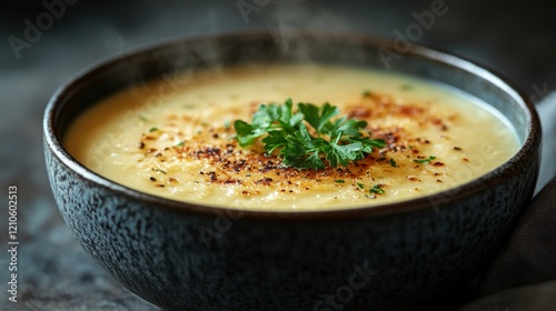 Warm and comforting bowl of soup with herbs in a rustic setting