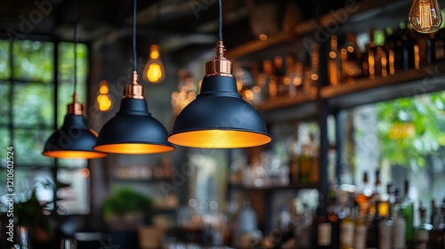 Cozy bar interior featuring stylish pendant lighting and a well-stocked shelf...