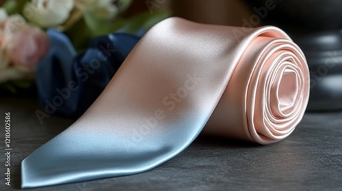 Elegant silk tie rolled in gradient colors showcasing vibrant shades for form...