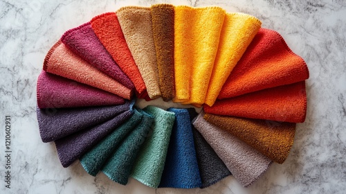 Soft and colorful towels neatly arranged on a wooden surface with green plant...