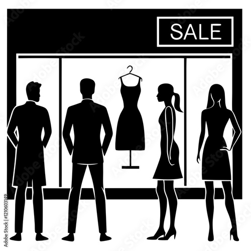 Silhouette illustration of shoppers admiring a dress on display in a store with a "SALE" sign