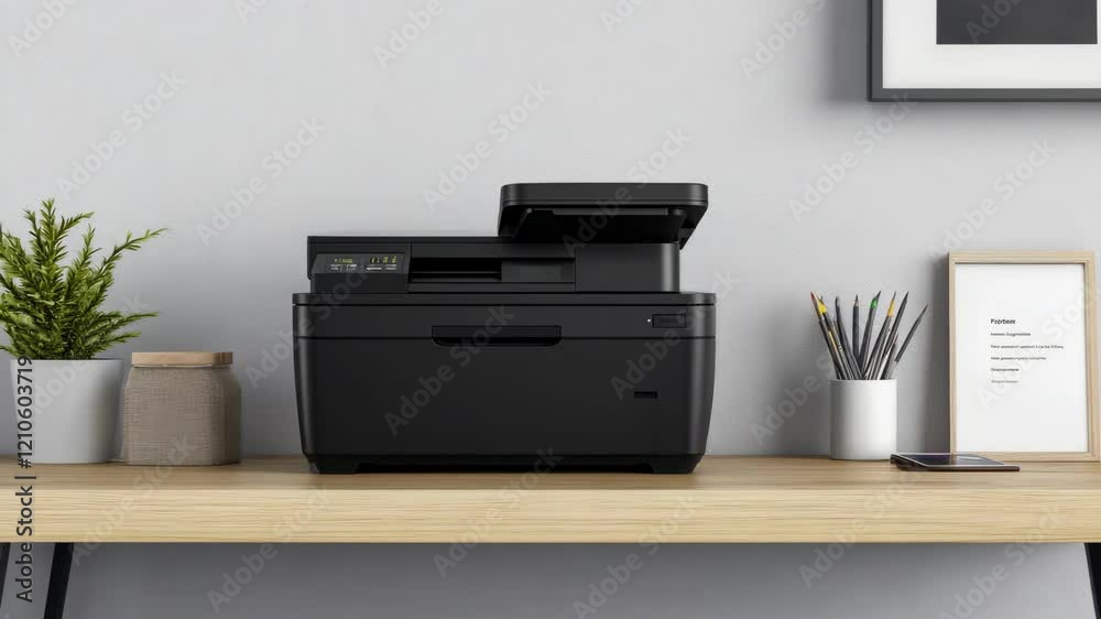 Modern printer on a sleek desk with minimalistic decor and stationery in a well-lit workspace environment
