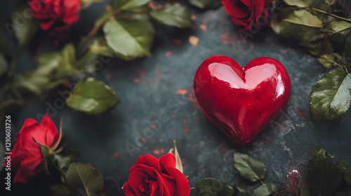 Heart Shaped Red Gift with Roses on Rustic Background Perfect for Romantic Occasions : Generative AI photo