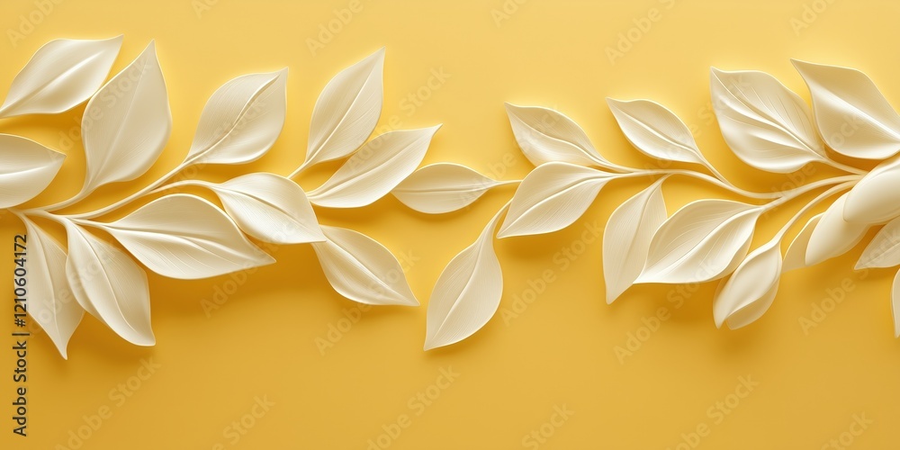 Elegant white paper leaves arranged in a flowing pattern on a bright yellow background. Modern nature-inspired decoration concept. Elegant white paper leaves arranged in a flowing pattern on a bright yellow background. Modern nature-inspired decoration concept.