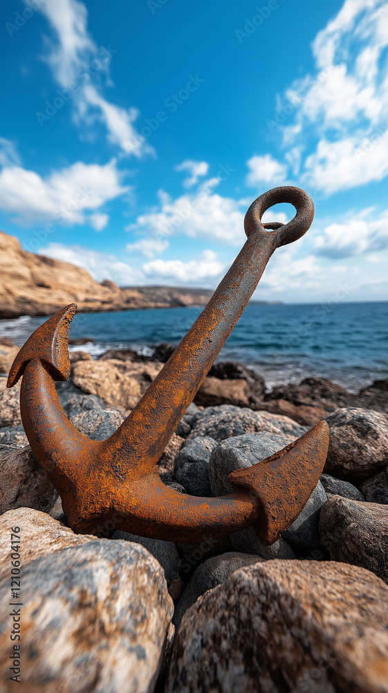 Rusty anchor on rocky beach with ocean and blue sky Rusty anchor on rocky beach with ocean and blue sky