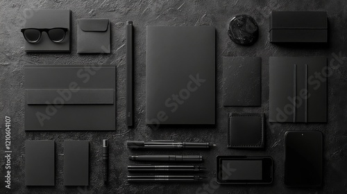 Stylish black stationery arrangement with accessories on a dark background