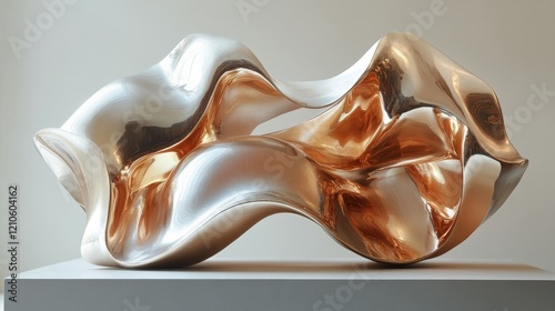 Modern metallic sculpture with flowing curves on display indoors