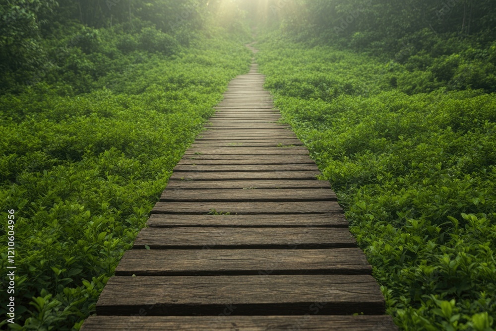 Obraz premium top-down view of rustic wooden path leading through green forest with blurred canopy of sunlight filtering through