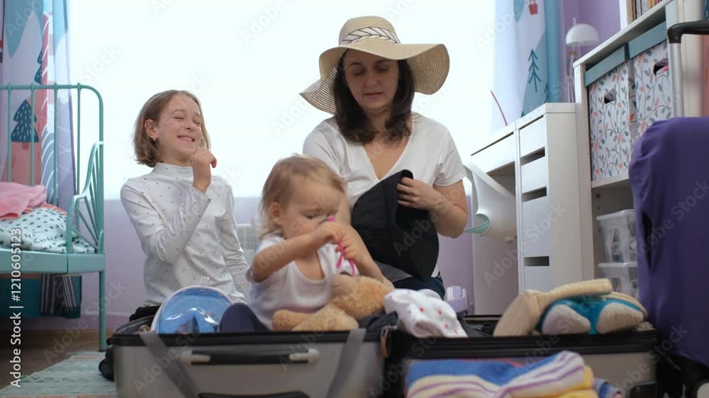 A mother, baby, and older daughter pack a suitcase together, organizing clothes and toys for an upcoming trip. Family travel preparation in action, slow motion A mother, baby, and older daughter pack a suitcase together, organizing clothes and toys for an upcoming trip. Family travel preparation in action, slow motion