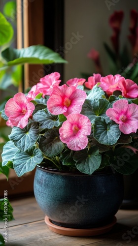Vibrant blooming begonias in a decorative pot create a cheerful indoor atmosp...