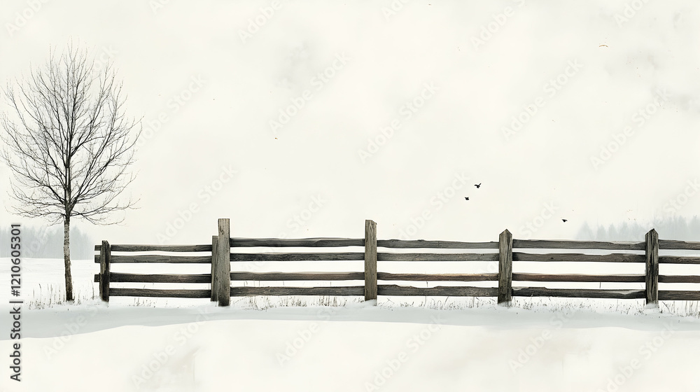 Rustic wooden fence in minimalist winter countryside scene.illustration Rustic wooden fence in minimalist winter countryside scene.illustration