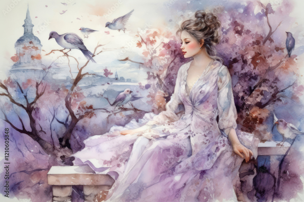 Beautiful girl in a pink dress with pigeons. Watercolor illustration. ,.Generative AI Beautiful girl in a pink dress with pigeons. Watercolor illustration. ,.Generative AI