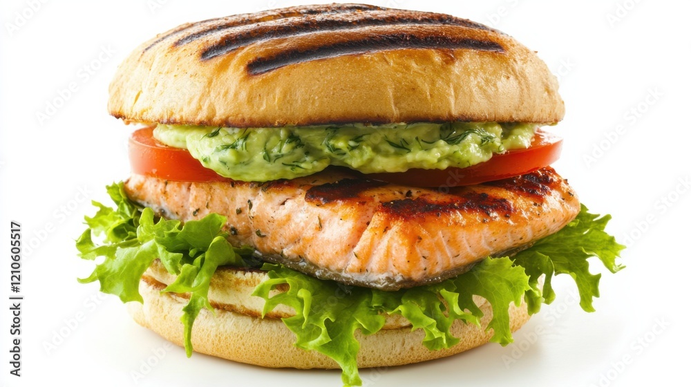 A gourmet salmon burger with a grilled salmon fillet, avocado, lettuce A gourmet salmon burger with a grilled salmon fillet, avocado, lettuce