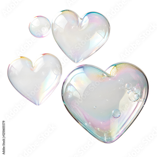  A group of delicate heart-shaped soap bubbles, floating in midair. The image is perfect for romantic or whimsical concepts. The image is isolated on a transparent background.