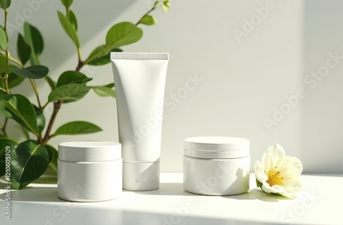 Mockup of jars and tubes for white without labels in different shapes and sizes on a light white neutral background. Mock up for manufacturers and sellers of skin care cosmetics. photo