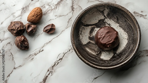 Dark chocolate bar with broken pieces on a marble surface during bright daylight