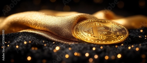 Gold Bitcoin on Black & Gold Fabric.
