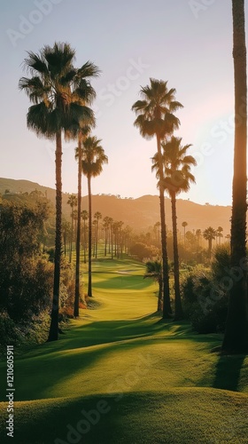 Palm trees lining a scenic golf course at sunset in a tranquil landscape