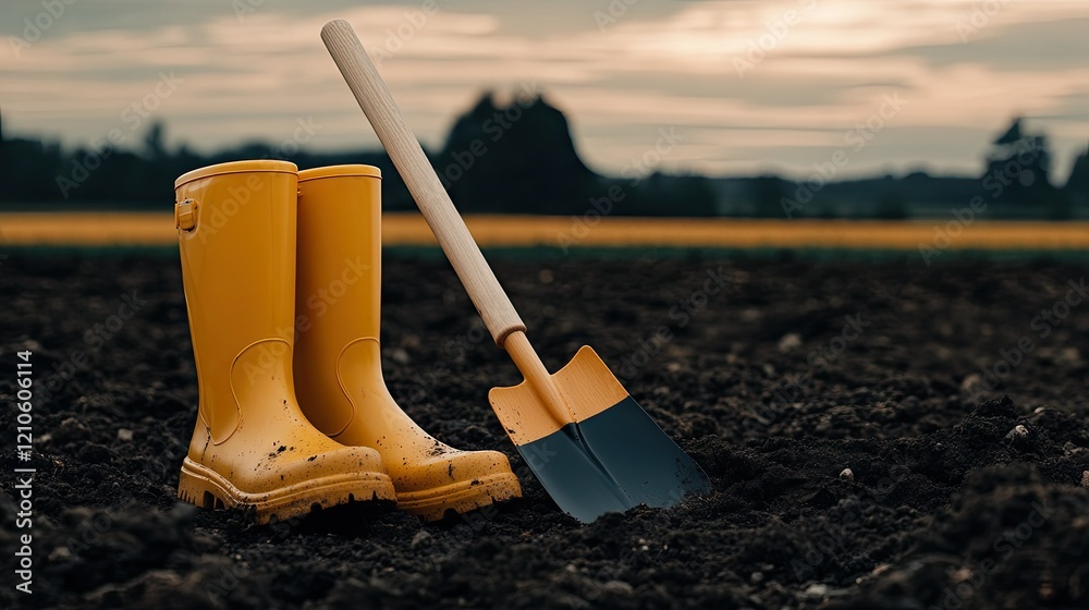 A pair of bright yellow rubber boots stands proudly beside a sturdy spade, resting on the freshly turned soil as the sun sets over the tranquil rural field A pair of bright yellow rubber boots stands proudly beside a sturdy spade, resting on the freshly turned soil as the sun sets over the tranquil rural field