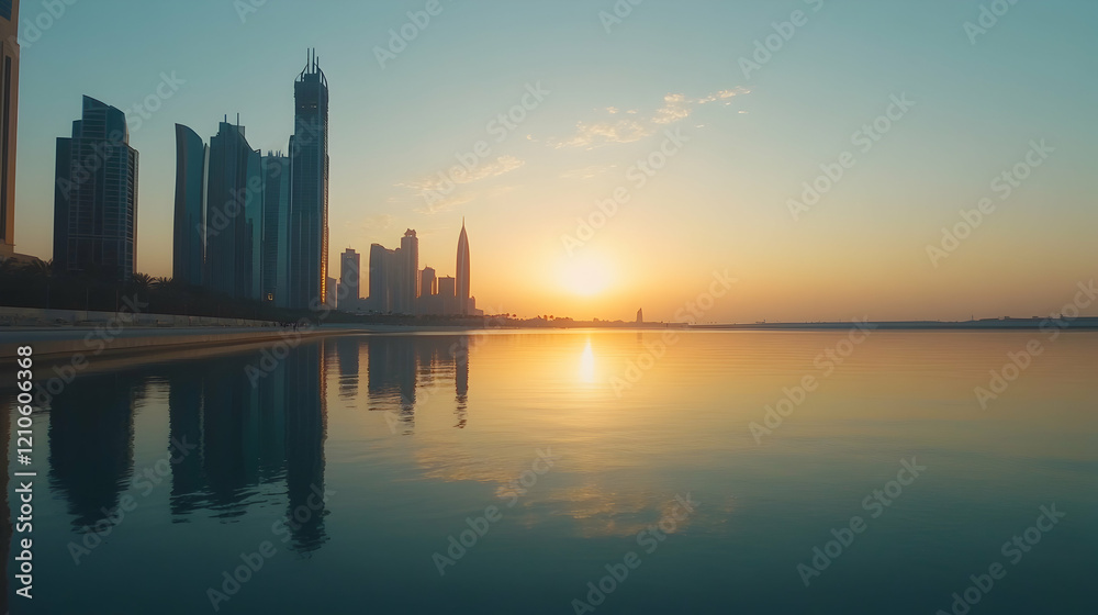 Serene image of the Abu Dhabi Corniche at sunset with skyscrapers reflecting on the calm waters of the Arabian Gulf Serene image of the Abu Dhabi Corniche at sunset with skyscrapers reflecting on the calm waters of the Arabian Gulf