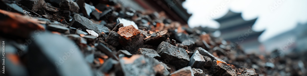 Close-up of Rubble Pile with Blurred Asian Architecture Background Close-up of Rubble Pile with Blurred Asian Architecture Background