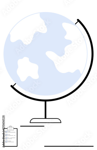 Globe illustration with a checklist emphasizing global strategy, planning, and organization. Ideal for educational tools, international goals, travel, business plans, global learning, sustainability