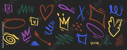 Chalk color hand drawn arrow, brush lines, underlines, crayon marker scribbles, grunge texture, heart, crown, text box, zig zag doodle vector sketch elements on black background.