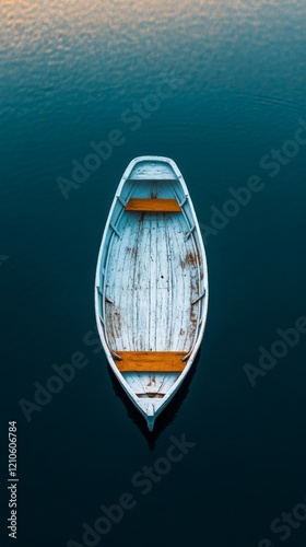 Mysterious boat in foggy lake reflecting calm water at dawn