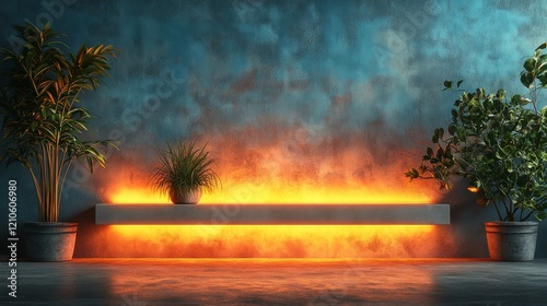 Warm light illuminating wooden wall in serene forest setting during twilight