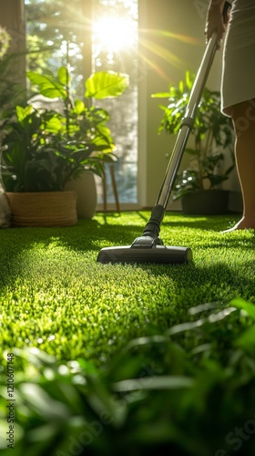 Home cleaning with vacuum on artificial grass in bright living room filled wi...
